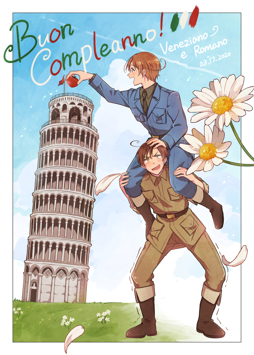 2boys ahoge arm_up axis_powers_hetalia belt black_necktie blue_jacket blue_pants blue_sky blush boots border breast_pocket brothers brown_belt brown_boots brown_hair brown_jacket brown_pants carrying character_name cloud cloudy_sky collared_jacket collared_shirt commentary_request dated day flower food full_body grass green_eyes grey_shirt hand_on_another&#039;s_head highres holding holding_food holding_vegetable italian_text jacket lapels leaning_tower_of_pisa long_sleeves looking_at_another looking_at_object looking_up military_jacket military_uniform multiple_boys nbsr necktie northern_italy_(hetalia) open_mouth outdoors pants parted_bangs petals piggyback pocket red_flag shirt short_hair siblings sky sleeves_rolled_up smile southern_italy_(hetalia) standing sweatdrop tomato trembling twins v-shaped_eyebrows vegetable white_border white_flower