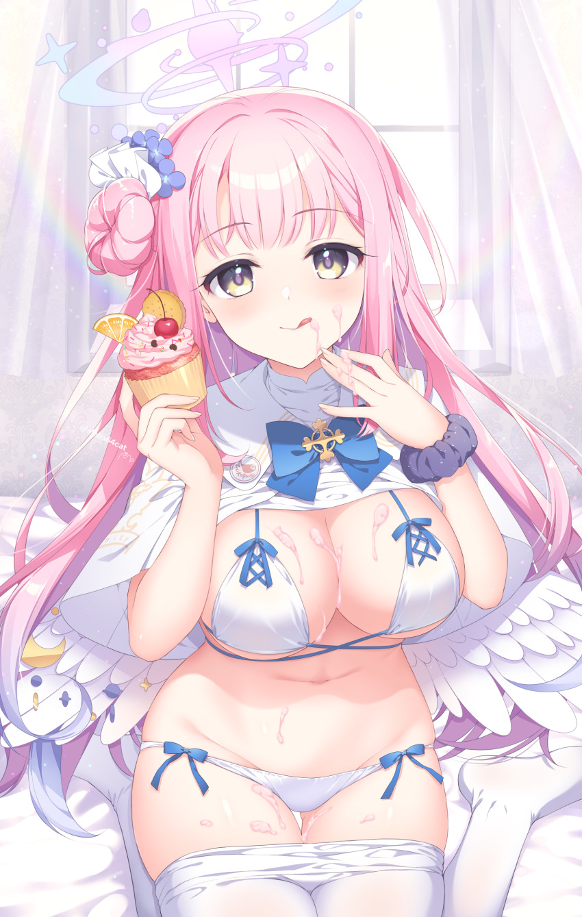1girl :q absurdres alpha_(yukai_na_nakamatachi) angel_wings bikini blue_archive blue_bow blue_flower blunt_bangs blush bow bow_bikini breasts bright_pupils cake capelet cherry cleavage closed_mouth clothes_lift clothes_pull commentary_request curtains curvy eyelashes floating_hair flower food food_on_body food_on_breasts food_on_face fruit gluteal_fold groin hair_bun hair_flower hair_ornament halo hands_up highres holding holding_cake holding_food indoors knees_out_of_frame large_breasts licking_lips long_hair looking_at_viewer mika_(blue_archive) navel orange_(fruit) orange_slice pantyhose pantyhose_pull pink_hair pink_halo rainbow shirt shirt_lift sidelocks signature single_side_bun sitting skindentation smile solo straight_hair suggestive_fluid swimsuit thigh_gap tongue tongue_out twitter_username very_long_hair wariza white_bikini white_capelet white_pantyhose white_shirt white_wings window wings yellow_eyes