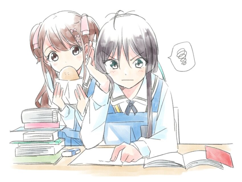 22/7 2girls arm_on_table black_hair blue_dress book bow brown_eyes brown_hair closed_mouth collared_shirt dress eating elbow_on_table eraser fanged_bangs food green_eyes hair_bow hair_ornament hand_on_own_cheek hand_on_own_face holding holding_food long_hair long_sleeves looking_down multiple_girls notebook open_book pink_bow school_emblem school_uniform sera_honoka shirt sidelocks simple_background spoken_squiggle squiggle studying trefle_r two_side_up upper_body v-shaped_eyebrows white_background white_shirt yagami_toa