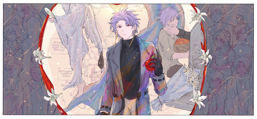 1girl 6+boys absurdres annie_(saibou_shinkyoku) apple ascot atou_haruki basket belt black_belt black_gloves black_sweater bouquet brown_pants cengfanren chinese_commentary closed_eyes closed_mouth coat commentary_request dreyfus_zweig earrings flower food fruit gloves grey_coat grey_shirt hand_on_own_chest harada_minoru harada_mutei hatsutori_hajime highres holding holding_basket holding_food holding_fruit isoi_reiji jewelry long_hair long_sleeves medium_hair multiple_boys mutsushika_misumi open_belt open_clothes open_coat open_mouth pants parted_bangs purple_hair red_eyes rumeld_othmayer saibou_shinkyoku shirt short_hair smile sweater theodore_riddle tombstone turtleneck turtleneck_sweater utsugi_noriyuki utsugi_rangiri white_flower