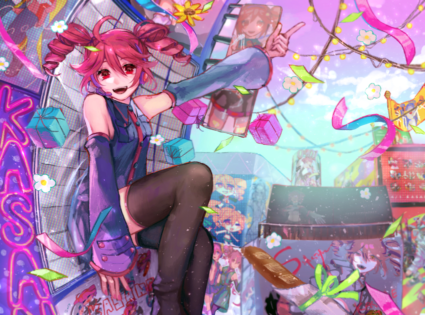absurdres ahoge baguette bare_shoulders belt bikini billboard black_belt black_bikini black_footwear black_hair black_skirt black_tea boots box bread breast_pocket buttons cevio city cityscape collared_shirt confetti detached_sleeves doraemon doraemon_(character) double-parted_bangs dress dress_shirt drill_hair elbow_gloves flag flower food frilled_bikini frills gift gift_box gloves grey_jacket hair_between_eyes hair_ribbon haninon highres index_finger_raised jacket kafu_(cevio) kasane_teto kasane_teto_(sv) kasane_teto_(utau) kneeling layered_sleeves lying miku_symphony_(vocaloid) official_alternate_costume on_back open_mouth pink_jacket pocket project_diva_(series) project_diva_f red_eyes red_hair red_shirt red_trim ribbon shirt shoulder_belt skirt sleeveless sleeveless_shirt sleeves_past_wrists swimsuit synthesizer_v tea teeth tetofes thigh_boots thighhighs tongue twin_drills upper_teeth_only utau white_dress white_ribbon wing_collar yellow_flower