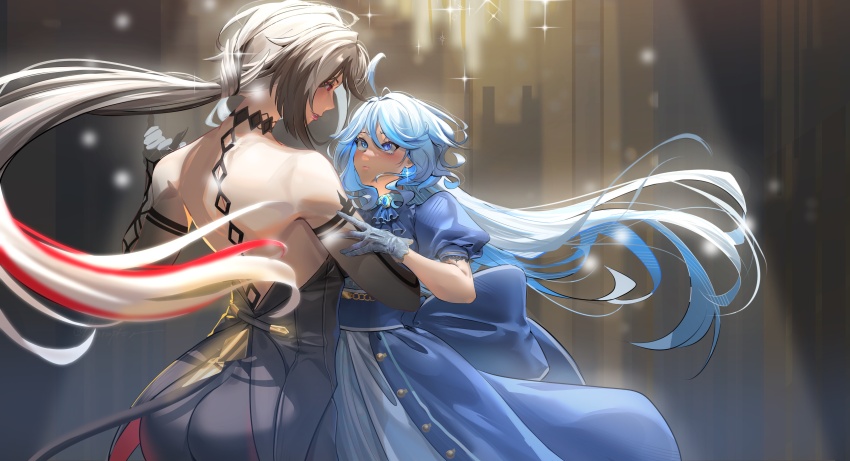 2girls absurdres alternate_costume arlecchino_(genshin_impact) back black_hair black_pants blue_dress blue_eyes blue_hair colored_extremities commentary dancing dress drop-shaped_pupils english_commentary furina_(genshin_impact) genshin_impact heterochromia highres long_hair mismatched_pupils multicolored_hair multiple_girls otak_raptor overhead_lights pants red_hair red_pupils streaked_hair symbol-shaped_pupils white_hair yuri
