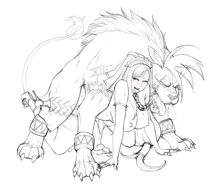 1990s_(style) 1boy 1girl all_fours bestiality breasts bridal_veil chain cum cum_pool cumdrip doggystyle elbow_gloves final_fantasy final_fantasy_vii gloves greyscale hair_tubes hetero high_heels highres huge_breasts kneeling leash lm_(legoman) long_hair low-tied_long_hair maid_headdress monochrome nipples nude one-eyed open_mouth red_xiii retro_artstyle scar sex sex_from_behind sketch square_enix stiletto_heels sweat tattoo thighhighs thighs tifa_lockhart tongue tongue_out vaginal veil