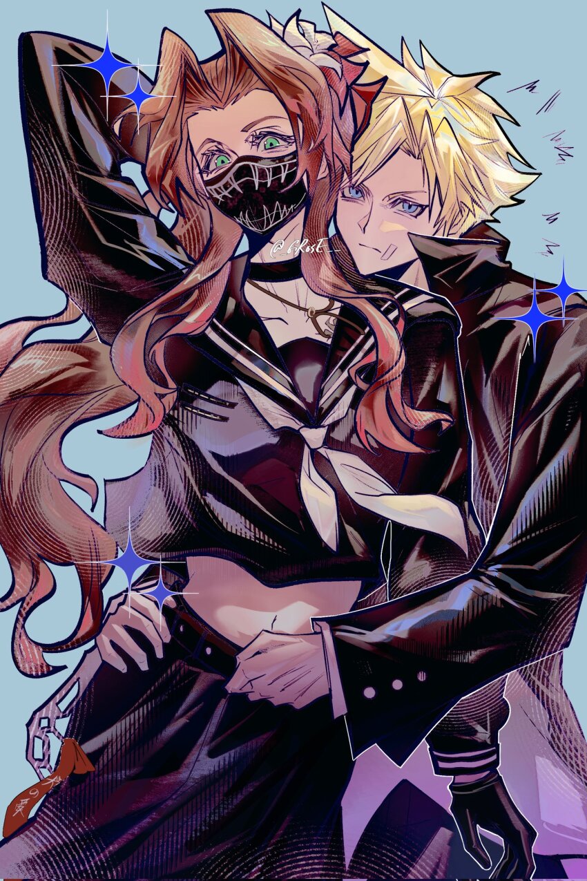 1boy 1girl aerith_gainsborough aerith_gainsborough_(midgard_seventh_high_school) arm_behind_head arms_around_waist bandaid bandaid_on_cheek bandaid_on_face belt black_belt black_choker black_gloves black_jacket black_mask black_sailor_collar black_shirt black_skirt blonde_hair blue_background blue_eyes brown_hair chain choker cloud_strife cloud_strife_(midgard_seventh_high_school) couple crop_top delinquent final_fantasy final_fantasy_vii final_fantasy_vii_ever_crisis flower gakuran gloves green_eyes grey_neckerchief grose hair_flower hair_ornament hair_ribbon hetero highres jacket long_hair mask midriff mouth_mask neckerchief official_alternate_costume parted_bangs red_ribbon ribbon sailor_collar school_uniform shirt short_hair sidelocks skirt sparkle spiked_hair sukeban twintails white_flower