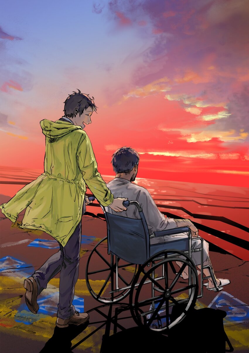 2boys adachi_tooru arm_hair black_pants brown_footwear brown_hair crack cracked_floor doujima_ryoutarou gradient_sky highres hospital_gown jacket long_sleeves looking_at_another morrisuit multiple_boys pants persona persona_4 shirt short_hair sky slippers smile sunset wheelchair white_footwear white_pants white_shirt yellow_jacket