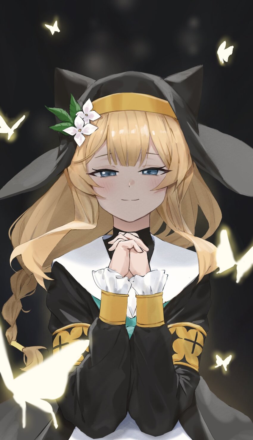 1girl animal_ear_headwear animal_ears armband black_background blonde_hair blue_archive blue_eyes blue_neckerchief blush braid bug butterfly cat_ears closed_mouth coif dress fake_animal_ears flower frilled_sleeves frills glowing_butterfly habit hair_between_eyes hair_flower hair_ornament highres insect long_hair long_sleeves looking_at_viewer mari_(blue_archive) neckerchief no_halo nun own_hands_clasped own_hands_together qwq22565156 sailor_collar simple_background smile solo standing upper_body white_flower white_sailor_collar