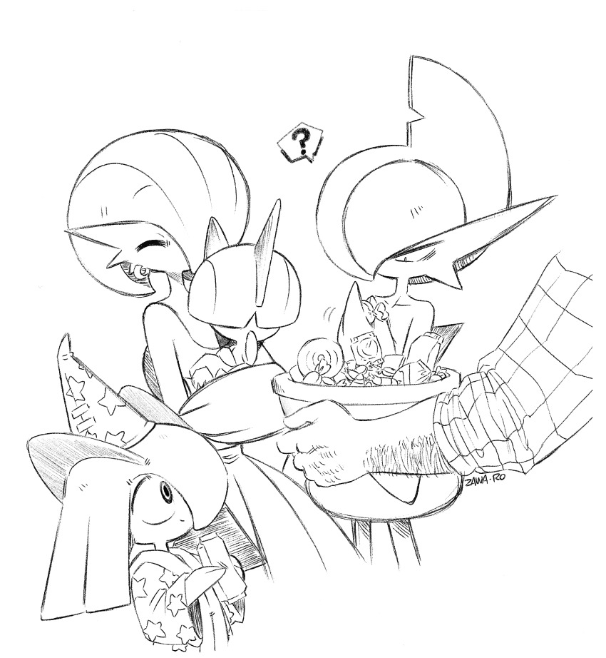 ? artist_name bob_cut bowl_cut bucket candy closed_eyes feet_out_of_frame food gallade gardevoir gen_3_pokemon gen_4_pokemon hair_over_eyes hair_over_one_eye halloween halloween_costume hat highres horns kirlia lineart nintendo pokemon pokemon_(creature) ralts sidelocks simple_background superiordutchsauce white_background wizard_hat