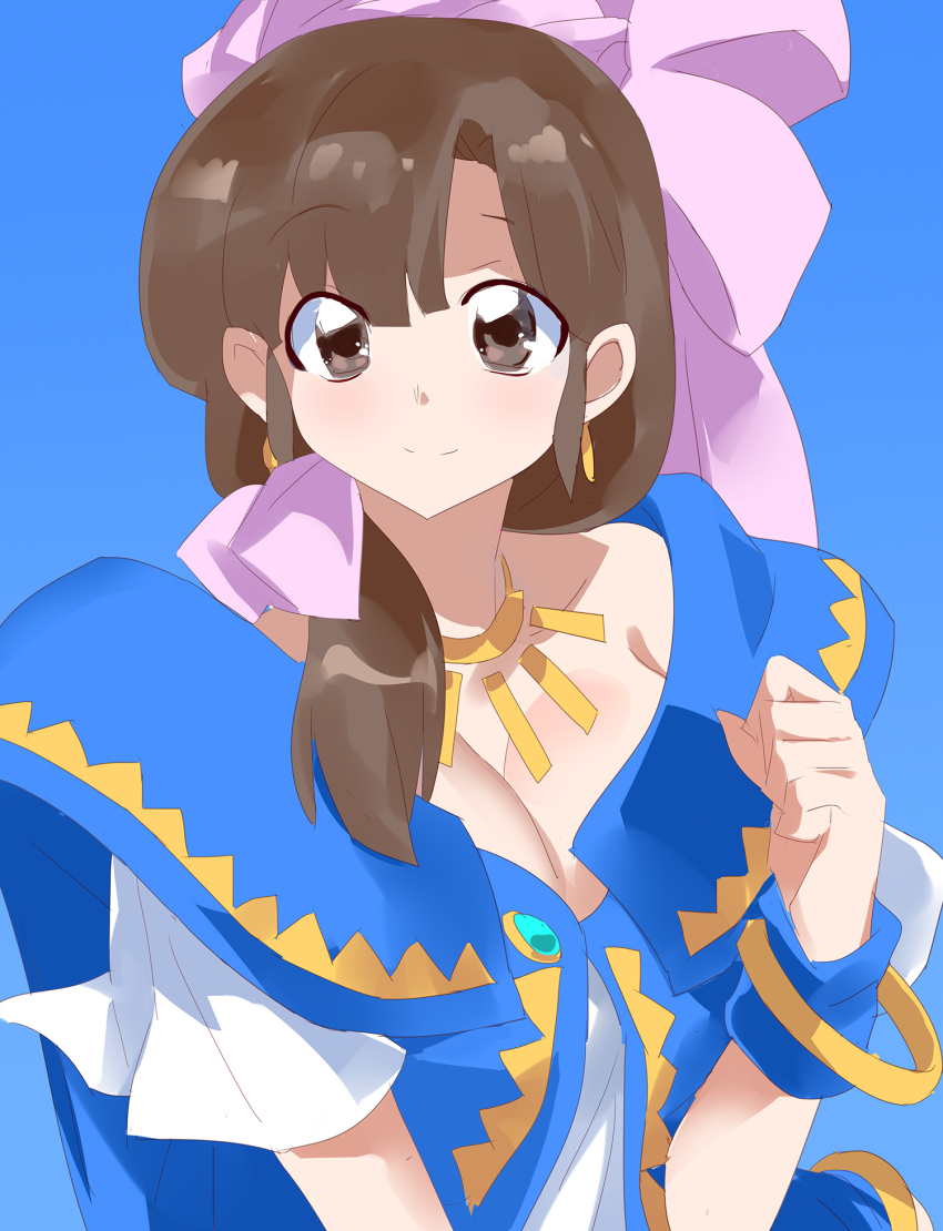 1girl aa_megami-sama belldandy belldandy_(cosplay) blue_background blue_dress bow breasts brown_hair cleavage collarbone cosplay dress earrings gold_earrings gold_necklace hair_bow hair_over_shoulder highres inoue_kikuko jewelry large_bow large_breasts long_hair looking_at_viewer low-tied_long_hair necklace parted_bangs pink_bow ranma_1/2 smile solo tendou_kasumi voice_actor_connection yostxxx