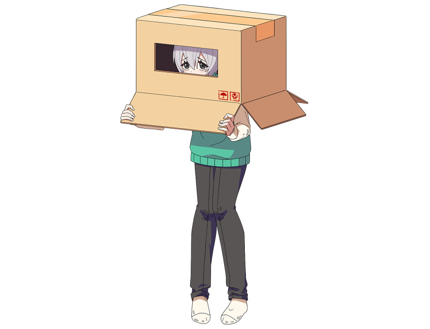 1girl bad_source bak_su-bin black_pants box cardboard_box full_body green_sweater grey_eyes grey_hair hair_between_eyes highres holding holding_box long_sleeves looking_at_viewer official_art pants school_uniform shirt short_hair simple_background socks solo standing sweater vest white_background white_socks zombie_high_school