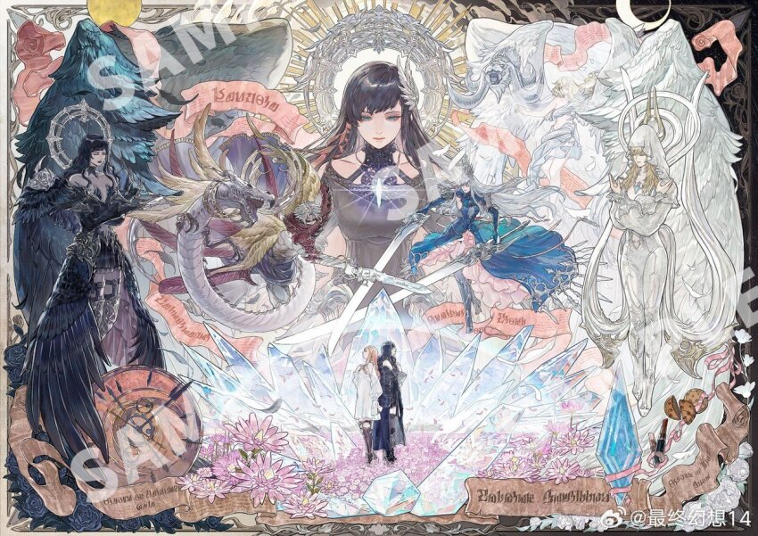 asymmetrical_wings black_wings blonde_hair crystal dual_wielding fatebreaker_(ff14) feathered_wings final_fantasy final_fantasy_xiv gaia_(ff14) holding hood hraesvelgr_(ff14) mitron_(ff14) multiple_persona pandora_(ff14) possessed ryne_waters sample_watermark shiva_(final_fantasy) sword watermark weapon white_wings wings xunying_kui