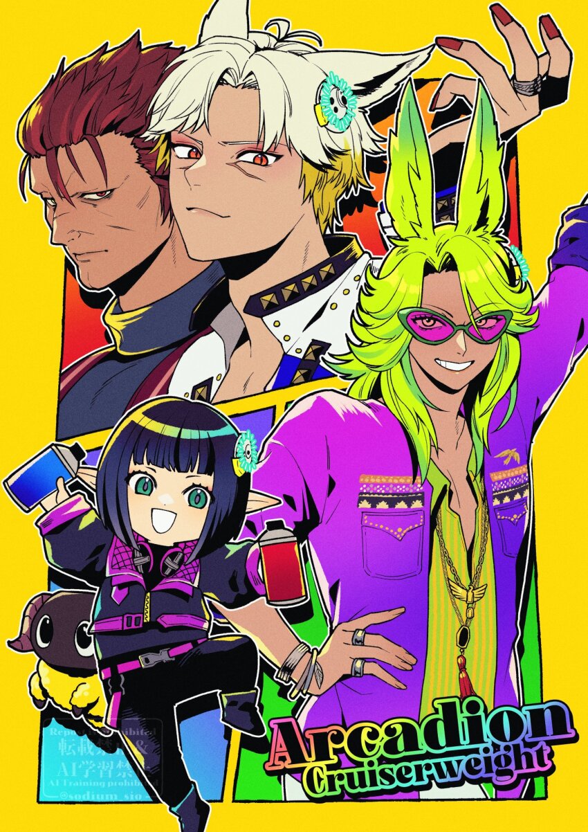 1girl 3boys :d animal_ears belt black_hair black_jacket black_pants blonde_hair bracelet brute_bomber cat_boy cat_ears cropped_jacket dancing_green dark-skinned_male dark_skin expressionless final_fantasy final_fantasy_xiv fosaster_fenrir green_eyes green_hair green_shirt grin hand_on_own_hip headphones headphones_around_neck heterochromia highres holding holding_spray_can hyur jacket jewelry lalafell long_hair looking_at_viewer male_focus miqo&#039;te multicolored_hair multiple_boys necklace open_mouth orange_eyes pants pink_belt pointy_ears purple_jacket rabbit_boy rabbit_ears red_eyes red_hair red_nails retsarra_(ff14) ring shirt short_hair smile smirk spray_can sugar_riot sunglasses two-tone_hair viera white_hair yellow_eyes