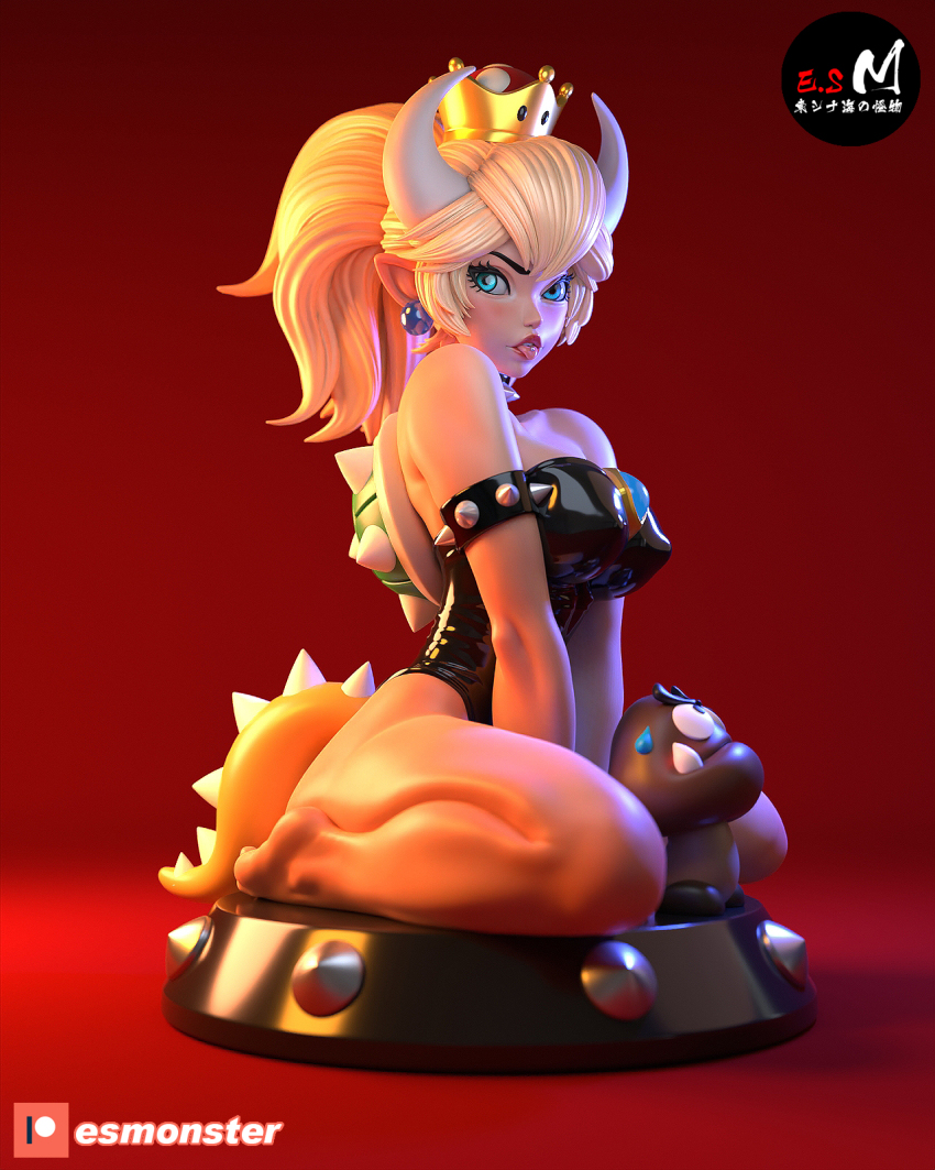 1girl 3d artist_name bare_shoulders blonde_hair blue_eyes bowsette breasts chest_jewel earrings feet full_body goomba highres horns jewelry kneeling large_breasts latex mario_(series) new_super_mario_bros._u_deluxe nintendo platform pointy_ears ponytail red_background shell spiked_shell sweatdrop tail tongue tongue_out