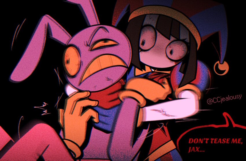 1boy 1girl anger_vein asymmetrical_gloves bloodshot_eyes blue_gloves brown_eyes colored_sclera colored_skin colored_teeth commentary czy_(2894456992) english_text gloves half-closed_eye hat hat_bell jax_(the_amazing_digital_circus) jester_cap jester_costume mismatched_gloves motion_blur motion_lines multicolored_hat no_mouth pomni_(the_amazing_digital_circus) red_gloves strangling striped_clothes striped_headwear the_amazing_digital_circus vertical-striped_bodysuit white_skin yellow_gloves yellow_sclera yellow_teeth