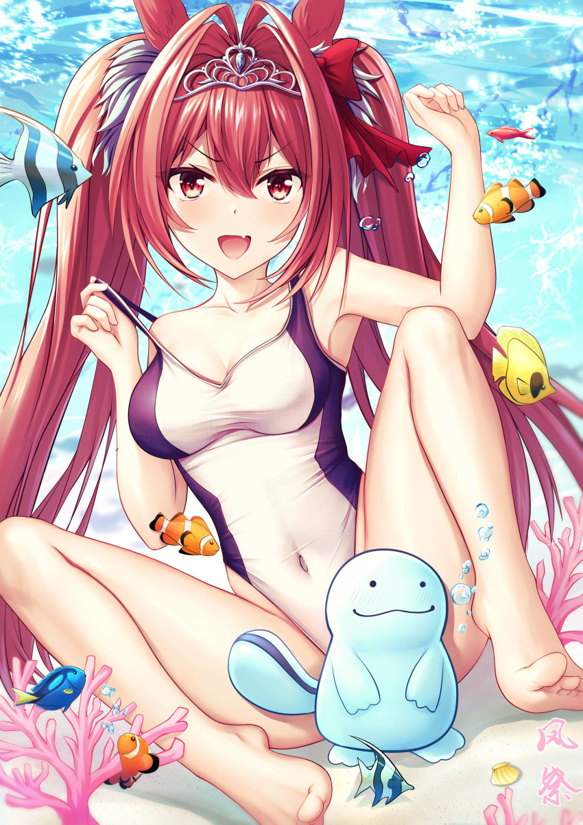 :d absurdres animal_ears barefoot blush breasts brown_eyes brown_hair bubble clownfish competition_swimsuit coral covered_navel daiwa_scarlet_(umamusume) fang fish gen_2_pokemon hair_intakes highres horse_ears horse_girl kazamatsuri_honatsu long_hair looking_at_viewer medium_breasts navel one-piece_swimsuit open_mouth pokemon quagsire skin_fang smile spread_legs strap_pull swimsuit thighs tiara toes tropical_fish twintails umamusume underwater v-shaped_eyebrows very_long_hair