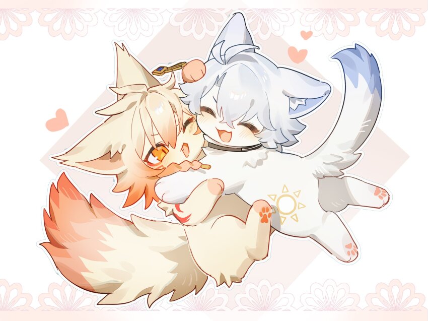 2boys ^_^ animal_ear_fluff animal_ears animalization black_choker blonde_hair braid choker closed_eyes dog_ears dog_tail earrings floating_earring fluff gold_earrings gradient_hair hair_between_eyes highres honkai:_star_rail honkai_(series) hug jewelry male_focus multicolored_hair multiple_boys mydei_(honkai:_star_rail) one_eye_closed pawpads phainon_(honkai:_star_rail) pouncing red_hair side_braid simple_background suirandanshihao sun_symbol sun_tattoo tail tan yaoi