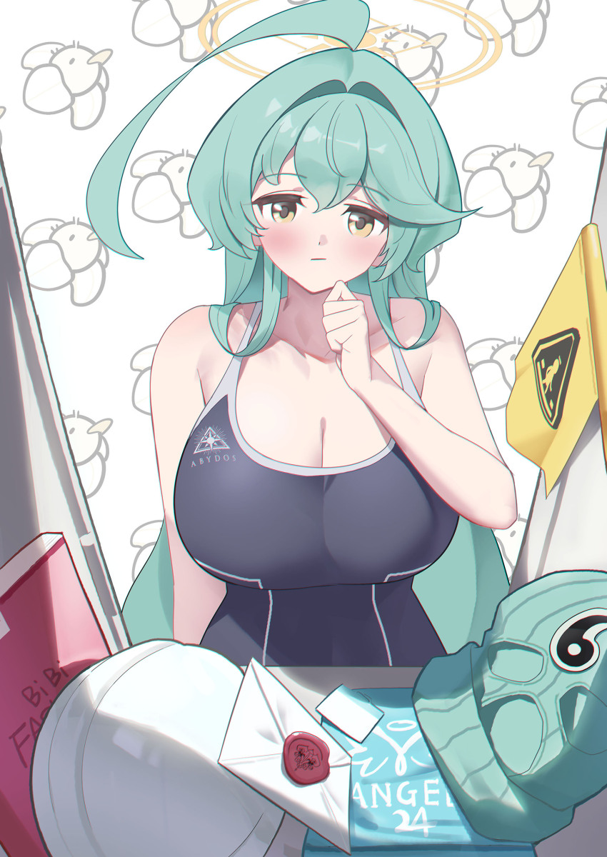 1girl absurdres abydos_high_school_logo abydos_high_school_swimsuit ahoge aqua_hair balaclava blue_archive blush breasts cleavage closed_mouth collarbone commentary envelope hair_between_eyes hair_intakes halo hand_up highres korean_commentary long_hair looking_at_viewer one-piece_swimsuit swimsuit tomid upper_body very_long_hair yellow_eyes yume_(blue_archive)