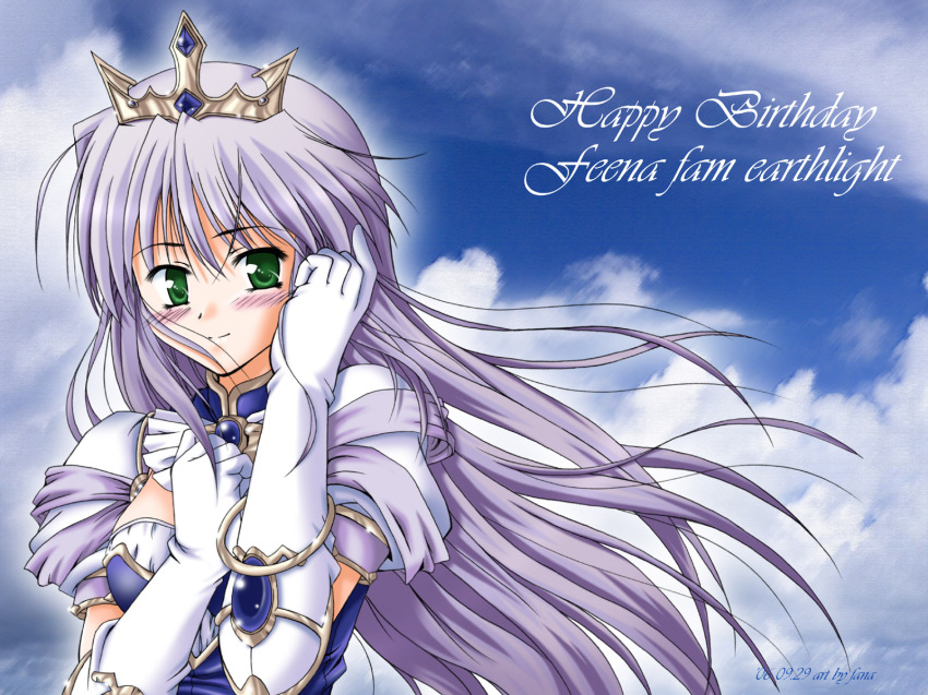00s 1girl 2006 dated elbow_gloves english_text fana feena_fam_earthlight female_focus gloves highres solo yoake_mae_yori_ruri_iro_na