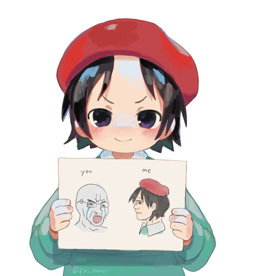 1girl adeleine beret black_eyes black_hair commentary drawing_(object) english_commentary fini_hoover hat highres kirby_(series) long_sleeves looking_at_viewer meme nintendo short_hair simple_background smile smock solo upper_body virgin_vs_chad_(meme) white_background wojak yes_chad_(meme)