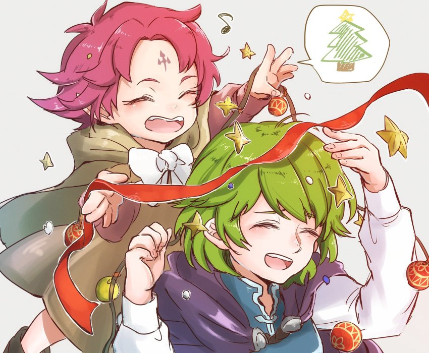 2girls blush dress closed_eyes facial_mark fae_(fire_emblem) fire_emblem fire_emblem:_the_binding_blade fire_emblem:_the_blazing_blade fire_emblem_heroes flower forehead_mark green_hair hairband highres hoshigaki_(hsa16g) multiple_girls nino_(fire_emblem) nintendo open_mouth pink_hair pointy_ears purple_hair short_hair smile