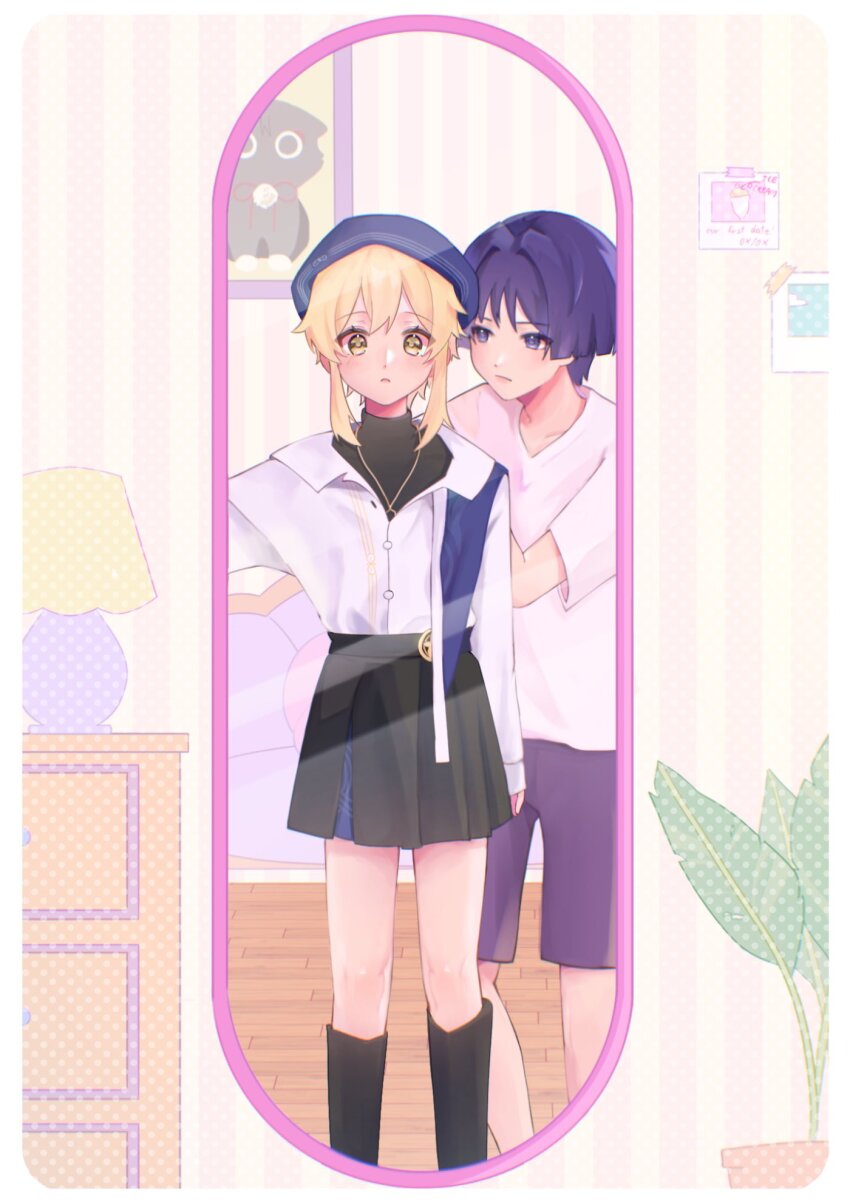 1boy 1girl alternate_costume animalization arm_at_side belt beret black_belt black_boots black_shirt black_skirt black_undershirt blonde_hair blue_hat blue_shawl blue_skirt blunt_ends boots casual closed_mouth collared_shirt cosplay drawer eyelashes full-length_mirror genshin_impact gold_buckle gold_necklace gold_trim hair_between_eyes hair_intakes hat highres i8o54n jewelry lamp layered_skirt light_blush long_sleeves looking_at_another looking_at_mirror looking_at_viewer lumine_(genshin_impact) mirror necklace open_mouth outstretched_arm picture_frame plant potted_plant purple_eyes purple_hair purple_shorts reflection scaramouche_(cat)_(genshin_impact) scaramouche_(genshin_impact) shawl shirt short_hair short_hair_with_long_locks shorts sidelocks skirt tareme tsurime turtleneck turtleneck_shirt wanderer_(genshin_impact) wanderer_(genshin_impact)_(cosplay) wanderer_(wanderer_impression)_(genshin_impact) white_shirt wing_collar yellow_eyes