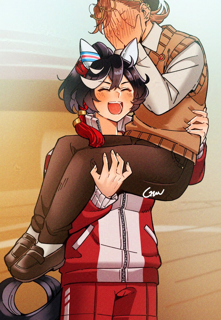 2girls :d ^_^ absurdres animal_ears asymmetrical_bangs black_hair black_tail blush brown_pants brown_shoes brown_sweater_vest carrying closed_eyes commentary_request covering_face covering_own_eyes ear_covers ear_piercing embarrassed eyewear_on_head female_trainer_(umamusume) flipped_bangs flipped_hair gaman glasses gym hand_blush hand_on_another&#039;s_back hand_on_another&#039;s_leg hands_on_own_face highres horse_ears horse_girl horse_tail jacket katsuragi_ace_(umamusume) korean_commentary kotabi_kiku_(gaman) loafers long_sleeves multiple_girls oc_x_canon open_mouth original pants piercing ponytail princess_carry red_jacket red_shorts round_eyewear shirt shoes shorts smile sweater_vest tail tracen_training_uniform track_jacket trainer_(umamusume) umamusume white_hair white_shirt wooden_floor