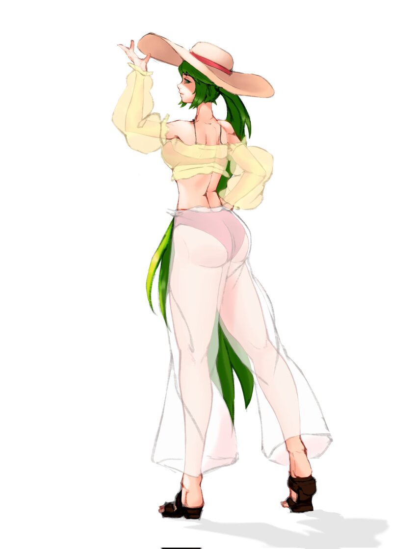 1girl alternate_costume alternate_hairstyle ass back bikini breasts countgalatea detached_sleeves from_behind full_body hat highres kid_icarus kid_icarus_uprising looking_at_viewer looking_back nintendo palutena panties pants platform_sandals ponytail red_bikini red_panties see-through_clothes see-through_pants simple_background solo standing sun_hat swimsuit underwear white_background