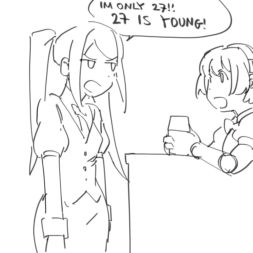 2girls age_conscious android cowboy_shot dorothy_haze english_text greyscale highres jill_stingray joints juliet_sleeves liowig long_sleeves looking_at_another monochrome multiple_girls necktie open_mouth puffy_sleeves robot_joints short_hair sidelocks sketch speech_bubble standing twintails upper_body va-11_hall-a vest