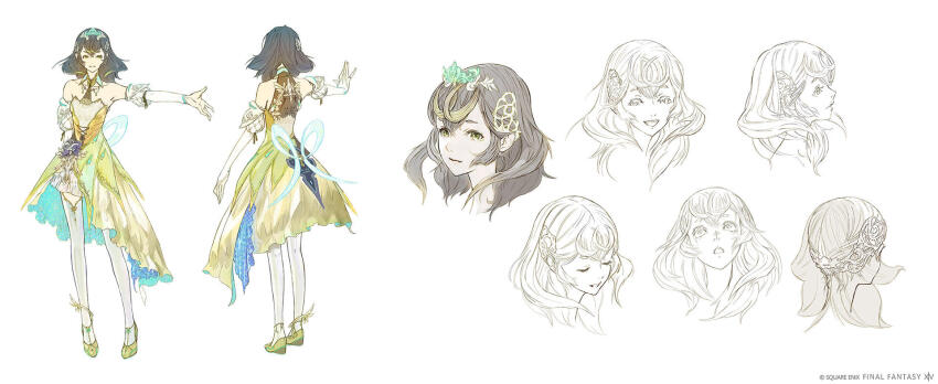 1girl brown_hair concept_art dress final_fantasy final_fantasy_xiv full_body green_streaks highres itahana_toshiyuki looking_at_viewer multicolored_hair multiple_expressions multiple_views official_art reference_sheet short_hair smile sphene_(ff14) standing tiara turnaround