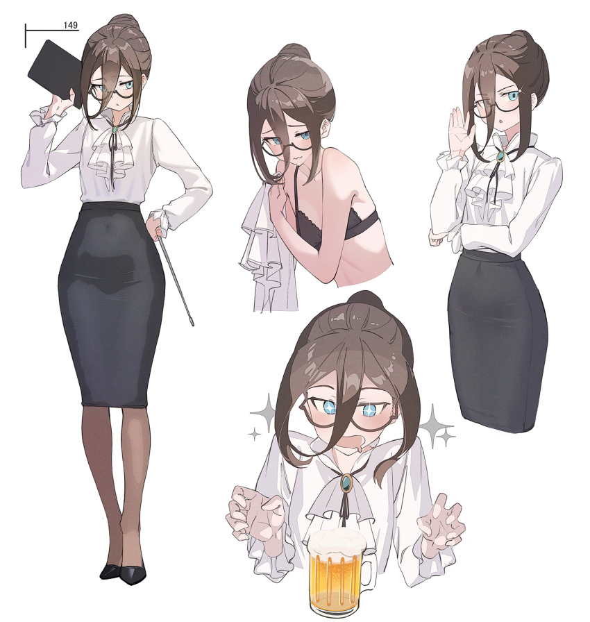 +_+ alcohol bare_shoulders beer black-framed_eyewear black_bra black_skirt bra breasts brown_hair c-eye drooling glasses hair_between_eyes hair_bun highres long_bangs long_sleeves mouth_drool office_lady original pantyhose pencil_skirt semi-rimless_eyewear shirt sidelocks simple_background single_hair_bun skirt small_breasts underwear wavy_mouth white_background white_shirt
