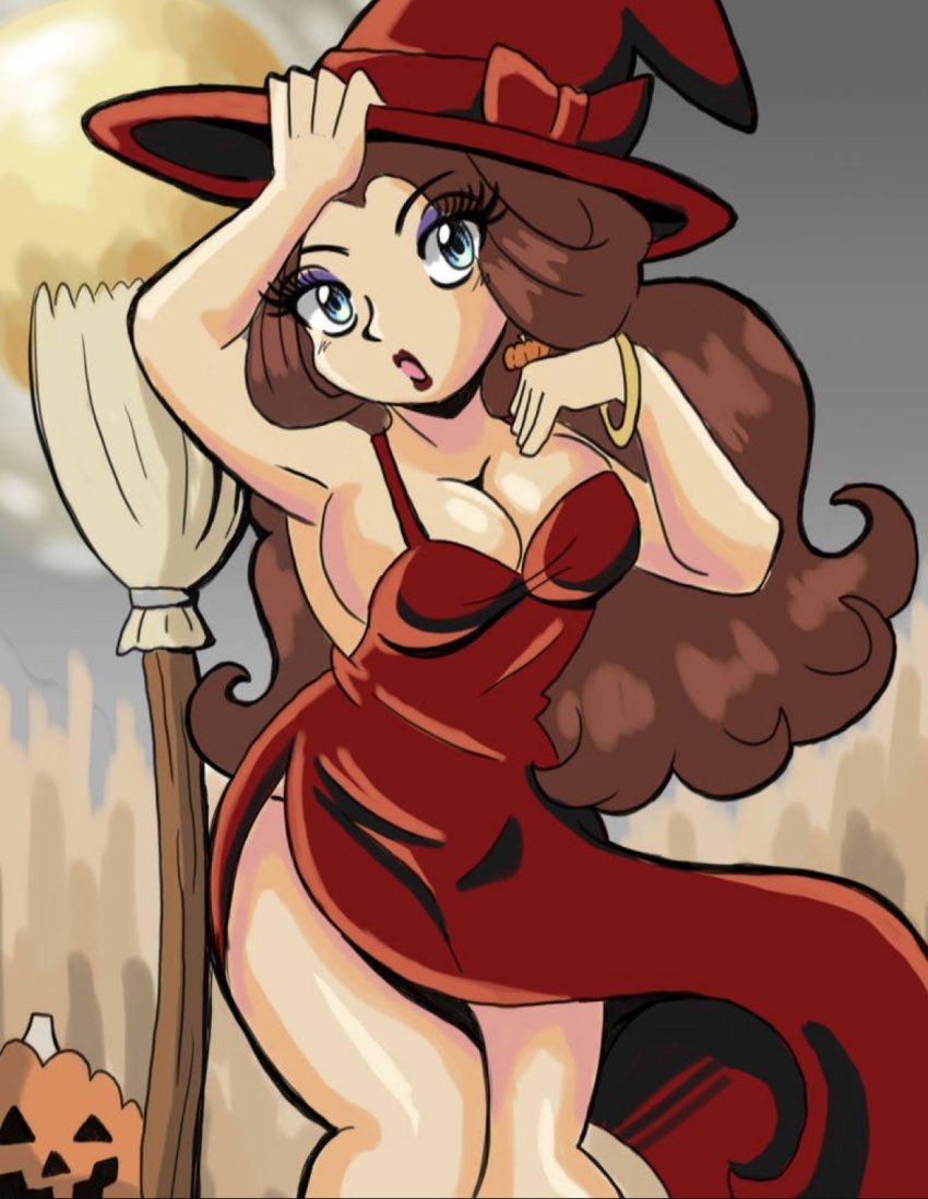 1girl armpits blue_eyes bracelet breasts broom brown_hair cleavage dress hat hedgieku highres jewelry large_breasts lips long_hair mario_(series) moon nintendo pauline_(mario) pumpkin sleeveless witch_hat