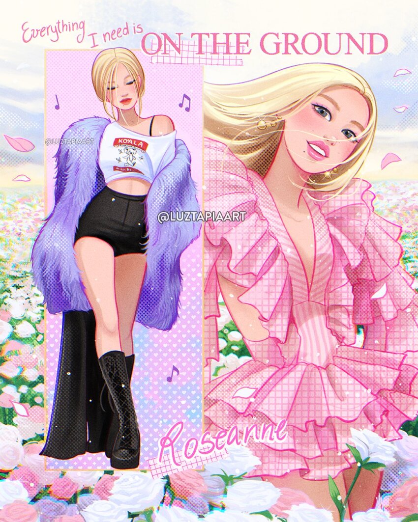 1girl artist_name black_boots black_shorts blackpink blonde_hair boots coat dress english_text flower fur_coat grey_eyes highres long_hair luztapiaart multiple_views open_clothes open_coat pink_dress pink_flower pink_lips pink_rose purple_coat rose rose_(blackpink) shirt short_shorts shorts watermark white_flower white_rose white_shirt