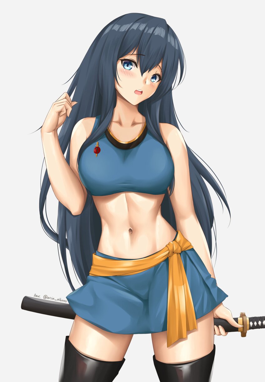 1girl absurdres arcie_albano arm_up artist_name black_hair blue_eyes blue_skirt blue_tank_top blush contrapposto hair_between_eyes highres holding holding_weapon katana kodama_karen long_hair midriff miniskirt navel open_mouth original sash self-upload simple_background skirt solo standing star_trek starfleet_uniform sword tank_top thighhighs toned twitter_username very_long_hair weapon white_background yellow_sash