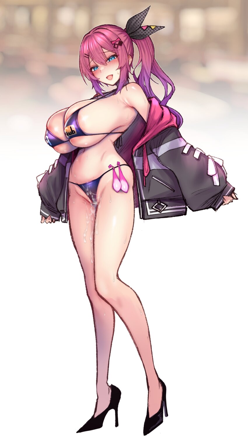 1girl absurdres aqua_eyes areola_slip bare_shoulders bikini black_hoodie black_ribbon black_shoes blurry blurry_background blush bow breasts condom cum cum_on_body cum_on_crotch cum_on_legs full_body gradient_hair hair_bow hair_ornament hair_ribbon hairclip high_heels highres hood hoodie huge_breasts kagami_uekusa kuramochi_meruto long_hair long_sleeves multicolored_hair navel nijisanji open_clothes open_hoodie open_mouth pink_bow pink_hair pink_hoodie polka_dot polka_dot_ribbon purple_bikini purple_hair ribbon shoes side_ponytail sleeves_past_wrists smile solo stomach sweat swimsuit thighs two-tone_hoodie used_condom used_condom_in_clothes virtual_youtuber white_background