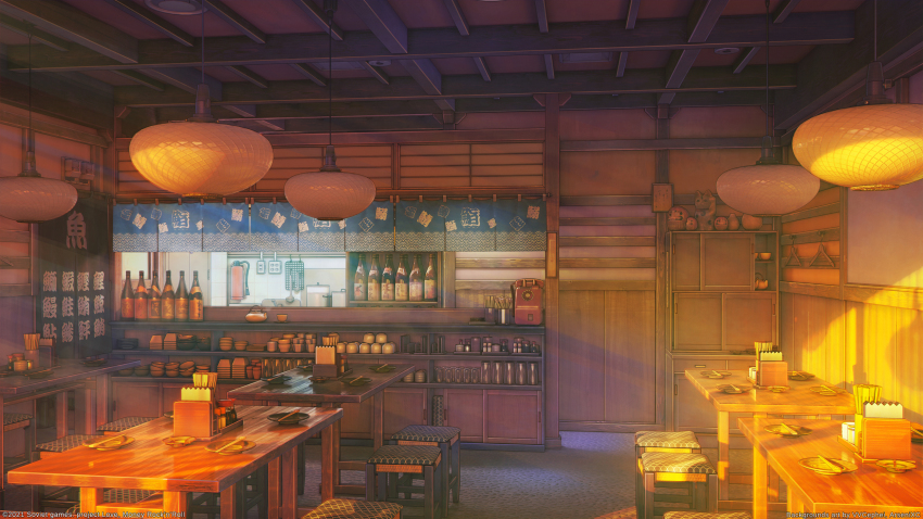 3d arsenixc bottle bowl ceiling ceiling_light chair chopsticks commentary_request door evening fire_extinguisher highres interior kitchen ladle light_rays mixed-language_commentary napkin_holder no_humans orange_theme original phone plate purple_theme restaurant roomscape sake_bottle scenery shelf soy_sauce sunbeam sunlight table teapot watermark