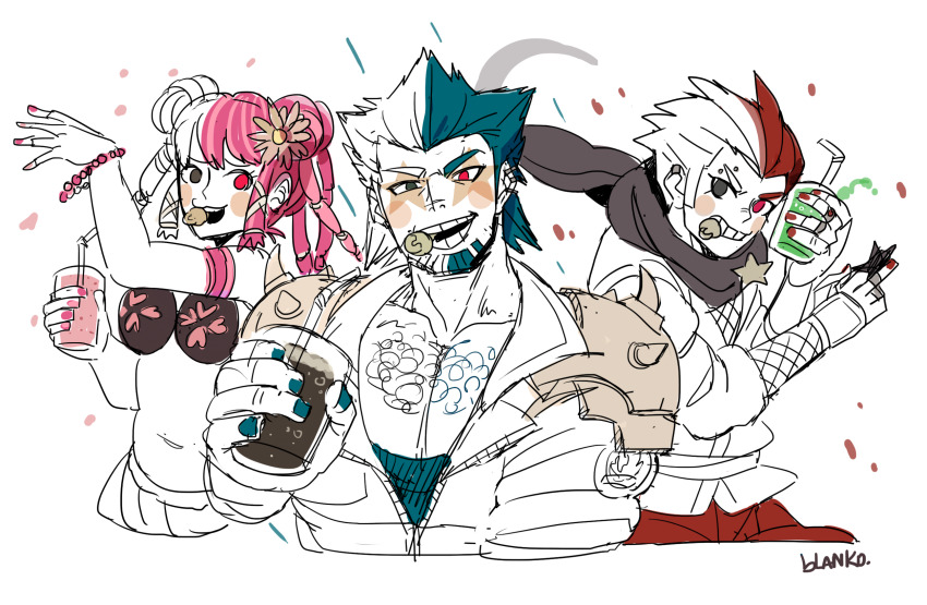 1girl 2boys armlet artist_name bad_id bandaged_fingers bandages bare_shoulders bead_bracelet beads beard black_bra blanko! blue_hair blue_nails blue_tank_top blush_stickers bra bracelet brooch bubble chest_hair collarbone collared_jacket cropped_legs cropped_torso danganronpa_(series) danganronpa_v3:_killing_harmony double_bun drink drinking_straw eyelashes facial_hair facial_mark fire glass grey_eyes grey_scarf grin hair_bun hair_ribbon heterochromia highres holding holding_drink holding_shuriken holding_weapon humanization jacket japanese_clothes jewelry kimono long_sleeves monokid monophanie monotaro_(danganronpa) multicolored_hair multiple_boys nail_polish navel open_mouth pacifier partially_unzipped pink_hair pink_nails red_eyes red_nails ribbon scarf sharp_teeth short_hair short_kimono shoulder_pads shoulder_spikes shuriken simple_background smile soda spikes star_(symbol) star_brooch star_facial_mark stomach tank_top teeth thick_eyebrows tress_ribbon two-tone_hair underwear upper_teeth_only v-shaped_eyebrows weapon white_background white_hair