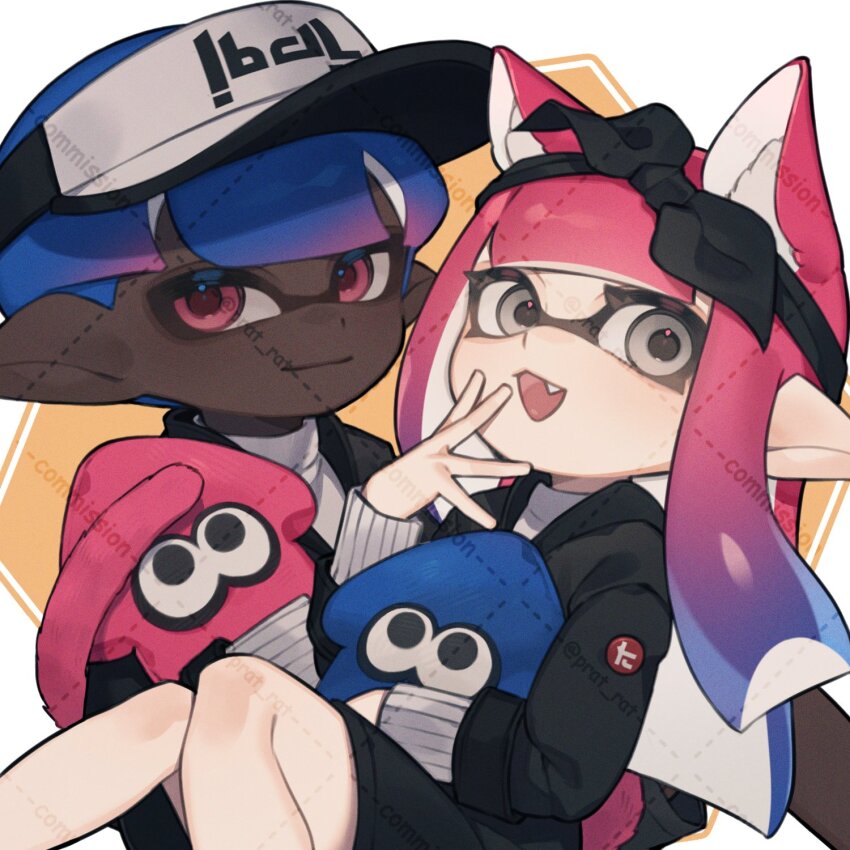 1boy 1girl animal_ear_fluff animal_ears artist_name bandana black_bandana black_jacket black_shorts blue_hair blunt_bangs cat_ears cat_girl cat_tail closed_mouth commission dark-skinned_male dark_skin extra_ears fang film_grain gradient_hair grey_eyes hand_to_own_mouth hat highres holding holding_stuffed_toy inkling inkling_boy inkling_girl inkling_player_character jacket long_hair long_sleeves looking_at_viewer multicolored_hair nintendo open_mouth pink_eyes pink_hair pink_tail pointy_ears prat_rat shorts smile splatoon_(series) stuffed_squid stuffed_toy sweater tail tentacle_hair turtleneck turtleneck_sweater two-tone_hair visor_cap watermark white_hat white_sweater