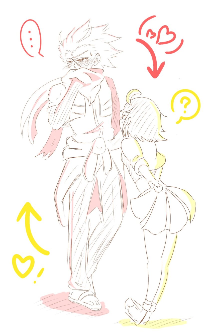 1boy 1girl blush digimon embarrassed female_protagonist_(digimon_rearise) heart highres personification ? rasenmon skirt