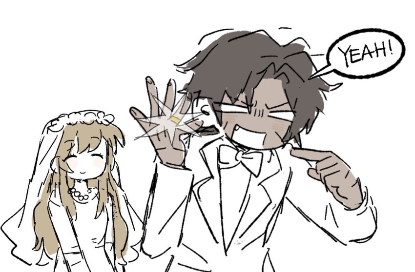 1boy 1girl bad_tag bow bowtie brown_hair catherine_(project_moon) closed_mouth dark-skinned_male dark_skin dress glint happy heathcliff_(project_moon) hetero husband_and_wife index_finger_raised jewelry limbus_company necklace parted_bangs pearl_necklace project_moon ring simple_background sketch smile wedding wedding_ring white_background white_bow white_bowtie white_dress yesheng_zong_ren
