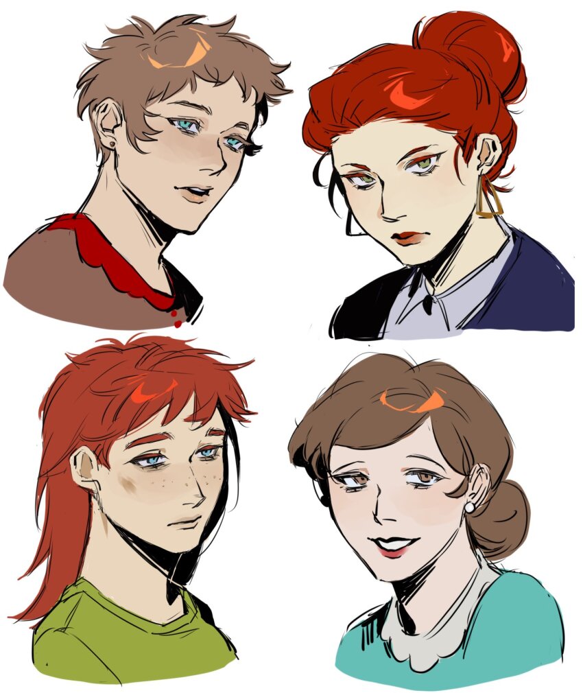 4girls blue_eyes blue_jacket blue_shirt brown_eyes brown_hair brown_shirt closed_mouth collared_shirt commentary earrings english_commentary freckles green_eyes green_shirt hair_bun highres jacket jewelry kugai697139 liane_cartman lips long_hair looking_at_viewer multiple_girls open_clothes open_jacket open_mouth red_hair red_lips sharon_marsh sheila_broflovski shirt short_hair smile south_park teeth triangle_earrings upper_body v-shaped_eyebrows very_short_hair