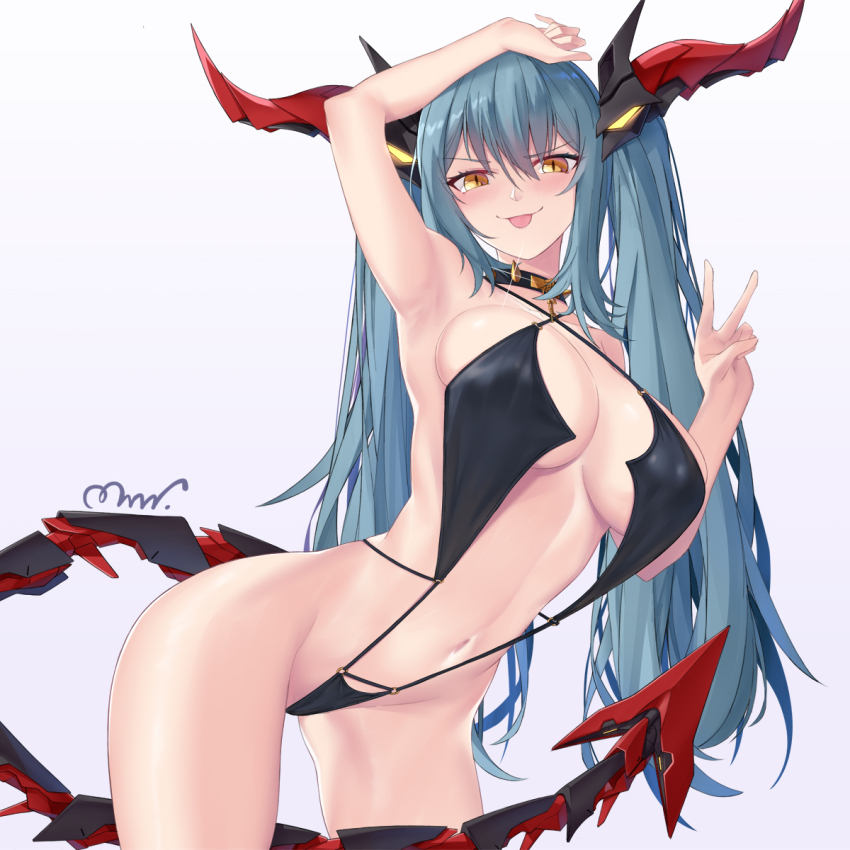 arm_up armpits azur_lane between_legs black_one-piece_swimsuit black_slingshot_swimsuit collar cowboy_shot criss-cross_halter dragon_girl dragon_horns dragon_tail halterneck hand_on_own_head hand_up highres horns long_hair looking_at_viewer mechanical_horns mechanical_tail mrnn navel official_alternate_costume one-piece_swimsuit regensburg_(azur_lane) regensburg_(dark_dragon_brilliant_beach)_(azur_lane) signature simple_background slingshot_swimsuit slit_pupils smile spiked_collar spikes swimsuit tail tail_between_legs tongue tongue_out twintails v