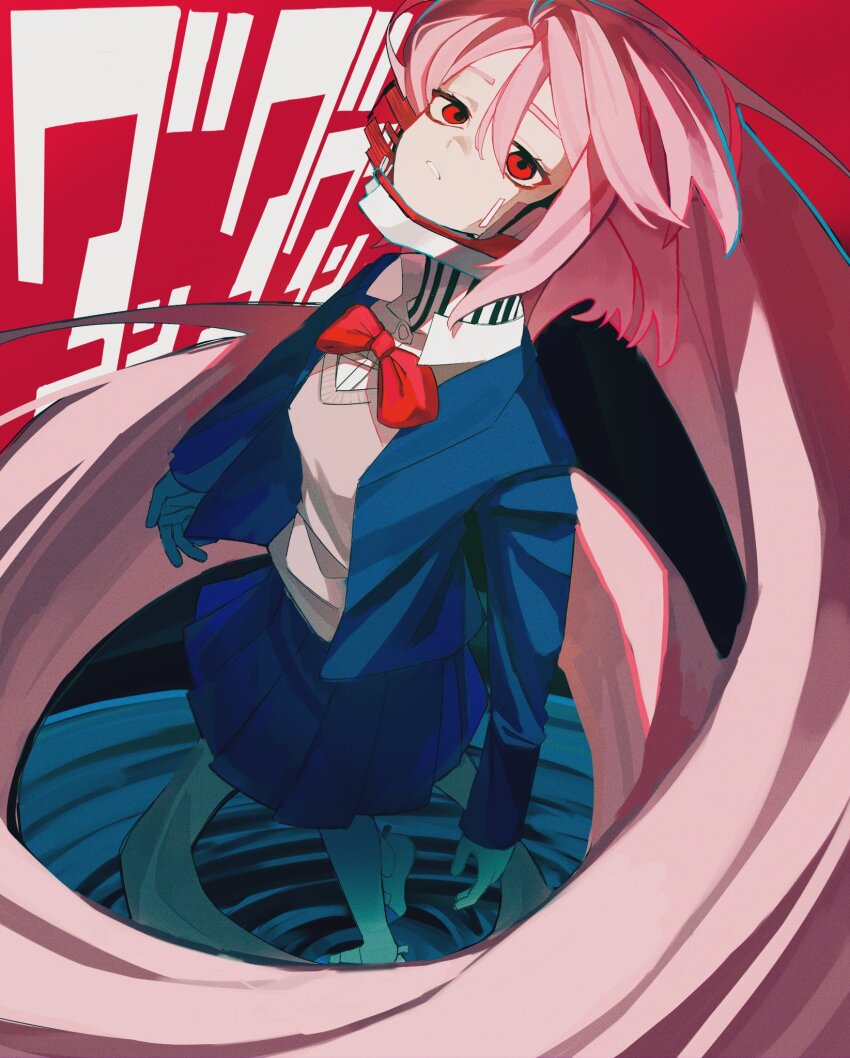 1girl acrobatic_silky_(dandadan) alternate_form dandadan highres long_hair pink_hair pink_sweater red_eyes rio031408 school_uniform shiratori_aira_(dandadan) solo sweater transformation
