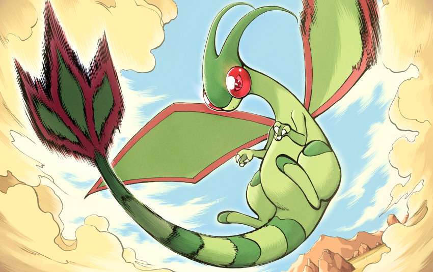 absurdres bright_pupils claws cloud commentary day dust_cloud flygon flying gen_3_pokemon highres motion_blur motion_lines nintendo no_humans outdoors pokemon pokemon_(creature) pokemon_focus seb sky solo