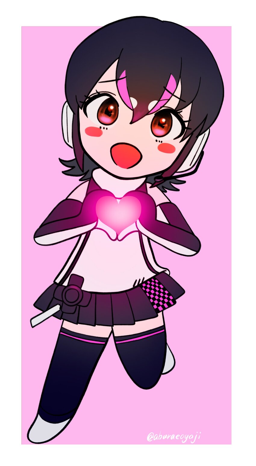 1girl absurdres aburaeoyaji black_hair full_body heart highres humboldt_penguin_(kemono_friends) kemono_friends kemono_friends_v_project looking_at_viewer short_hair simple_background solo virtual_youtuber