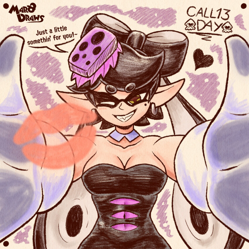 +_+ 1girl after_kiss bare_shoulders breasts callie_(splatoon) cleavage gloves heart highres large_breasts lipstick_mark marodraws nintendo one_eye_closed pointy_ears pov sleeveless splatoon_(series) teeth tentacle_hair twintails yellow_eyes