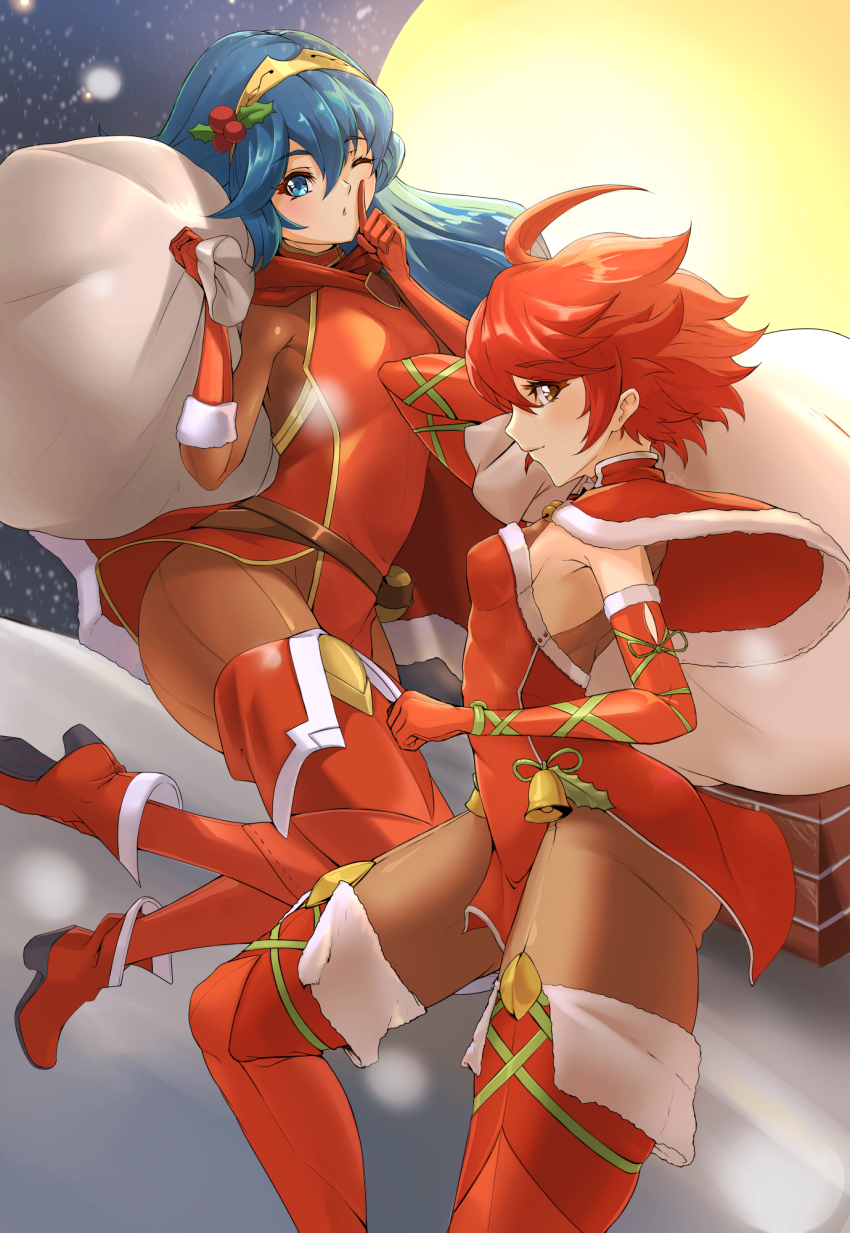 2girls alternate_costume bag belt blue_eyes blue_hair boots breasts brown_belt brown_pants capelet chimney christmas deekei elbow_gloves fire_emblem fire_emblem_awakening fire_emblem_fates flat_chest fur-trimmed_capelet fur_trim gloves high_heels highres hinoka_(fire_emblem) long_hair looking_at_viewer lucina_(fire_emblem) multiple_girls nintendo pants red_capelet red_footwear red_gloves red_hair santa_costume short_hair small_breasts thigh_boots yellow_eyes