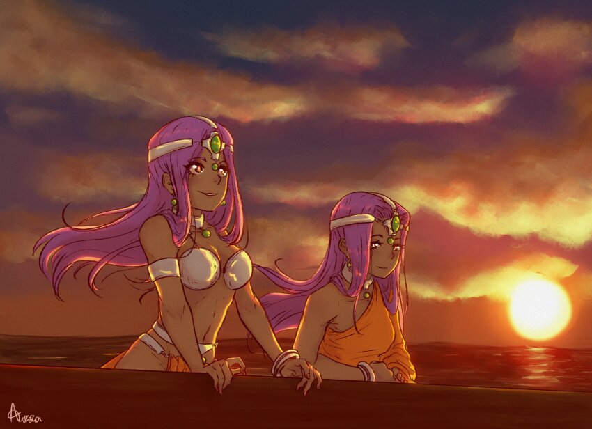 2girls absurdres asymmetrical_dress aurora_(cynicalruins) boat bracelet breasts circlet cleavage cloud cloudy_sky dark-skinned_female dark_skin dragon_quest dragon_quest_iv dress earrings evening fingernails forehead_jewel gem gradient_sky green_gemstone highres jewelry loincloth long_hair long_sleeves looking_up metal_bikini metal_bra minea_(dq4) multiple_bracelets multiple_girls nail_polish navel neck_ring ocean on_boat orange_dress orange_loincloth orange_nails orange_sky outdoors parted_lips pelvic_curtain purple_hair siblings single_bare_shoulder single_sleeve sisters sky smile sphere_earrings sun watercraft