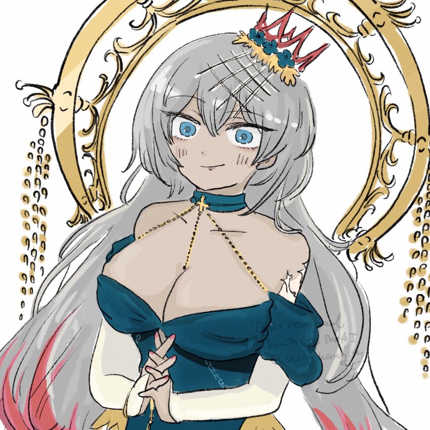 1girl blue_dress blue_eyes blush breasts chain cleavage collar cross dress fate/grand_order fate_(series) gold_chain grey_hair hair_between_eyes highres jewelry long_hair multicolored_hair pink_hair pink_nails shirochangfg smile strapless strapless_dress tiara very_long_hair zenobia_(fate) zenobia_(fgo_fes._2025)_(fate)