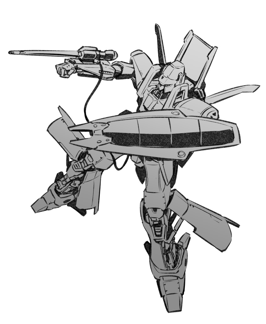 absurdres aiming arm_cannon cable clenched_hand greyscale highres juusenki_l-gaim kato_takuji l-gaim mecha monochrome no_humans robot science_fiction shield solo weapon white_background
