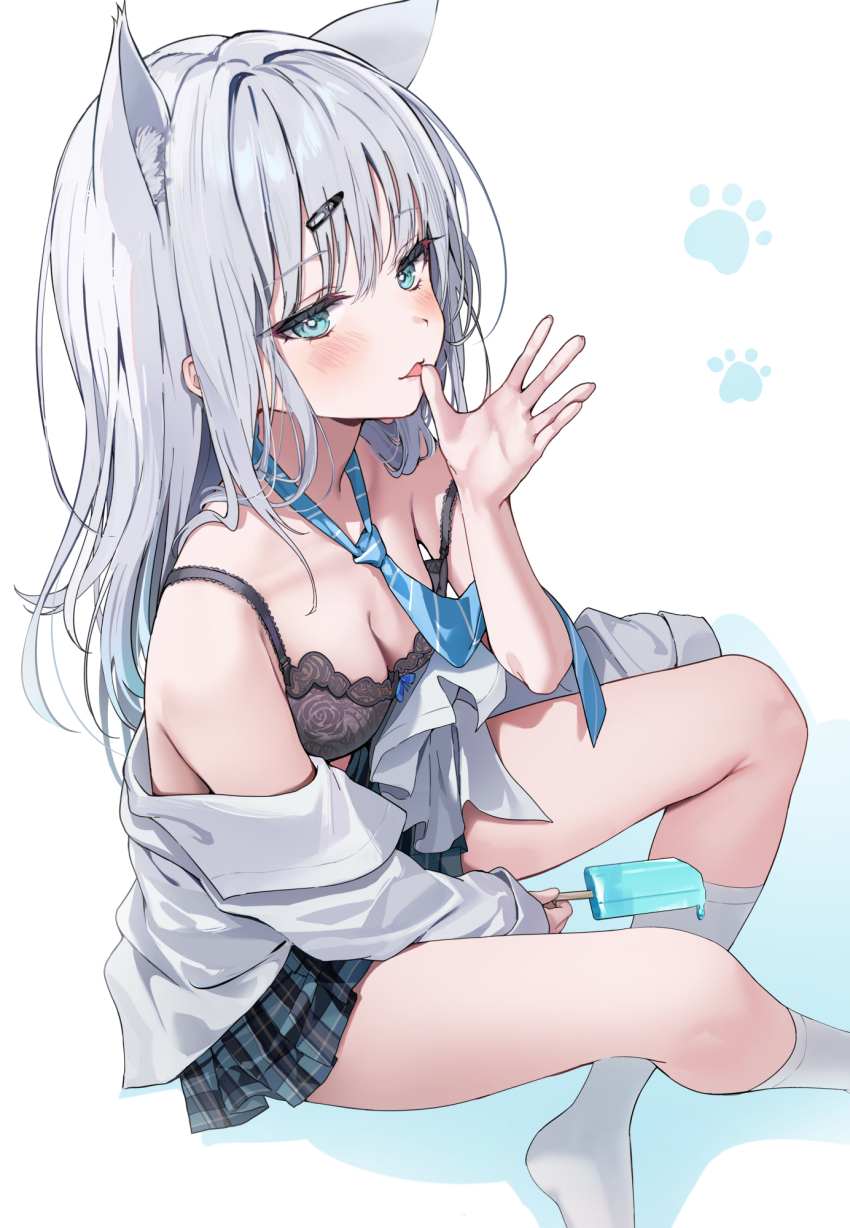 1girl animal_ear_fluff animal_ears black_bra blue_eyes blue_hair blue_necktie blue_skirt bra breasts cat_ears cat_girl cleavage food gradient_hair grey_hair hair_ornament hairclip highres holding holding_food holding_popsicle huwari_(dnwls3010) lace lace-trimmed_bra lace_trim light_blush long_hair medium_breasts multicolored_hair necktie open_clothes open_shirt original plaid_clothes plaid_skirt popsicle shirt skirt socks underwear white_shirt white_socks