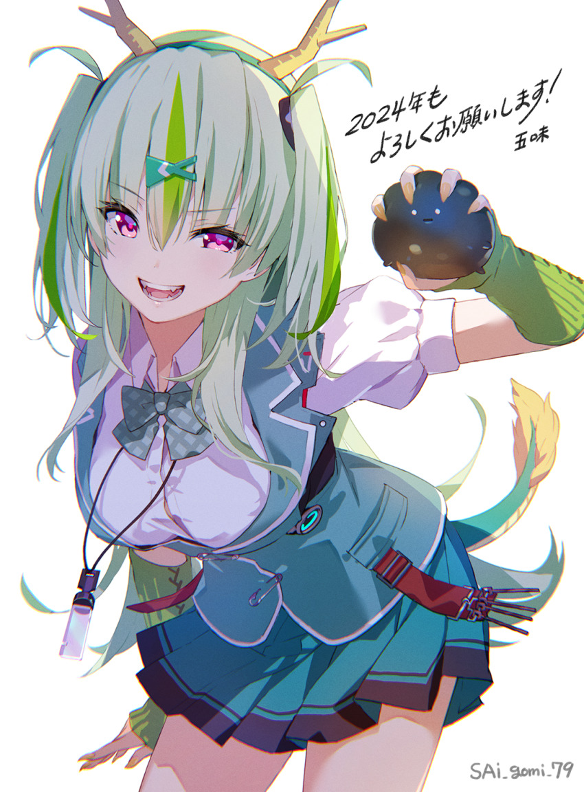 1girl breasts dragon_horns dragon_tail gloves gomi_chihiro green_gloves green_hair hair_between_eyes hair_ornament heaven_burns_red highres holding horns long_hair looking_at_viewer medium_breasts narvy_(heaven_burns_red) new_year ooshima_isuzu pleated_skirt red_eyes skirt smile solo tail translation_request two_side_up upper_body